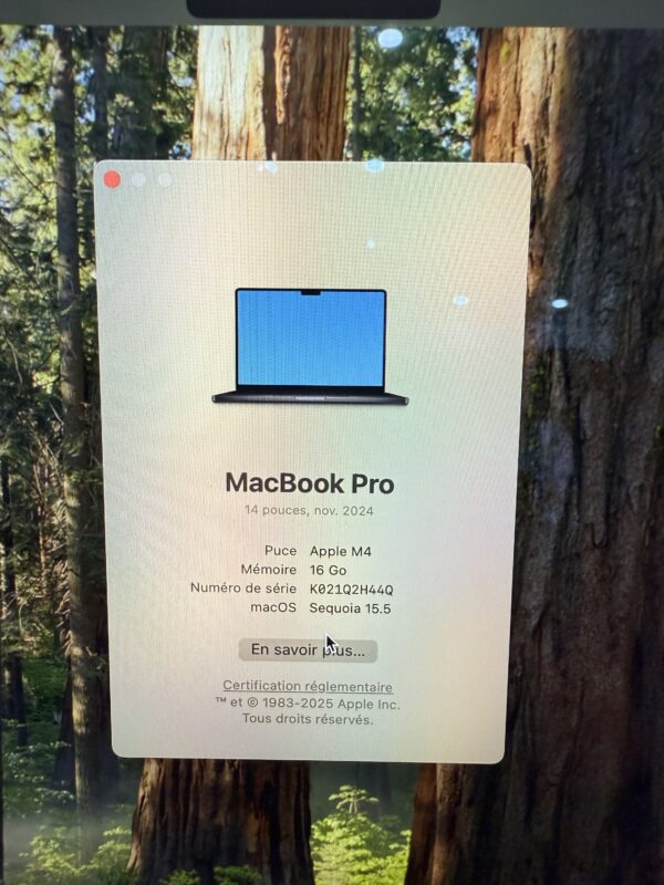 Apple MacBook Pro 14’’ M4 2024 16GB 512GB Garantie Apple 11.25 Batterie 41 Cycles. – Image 3